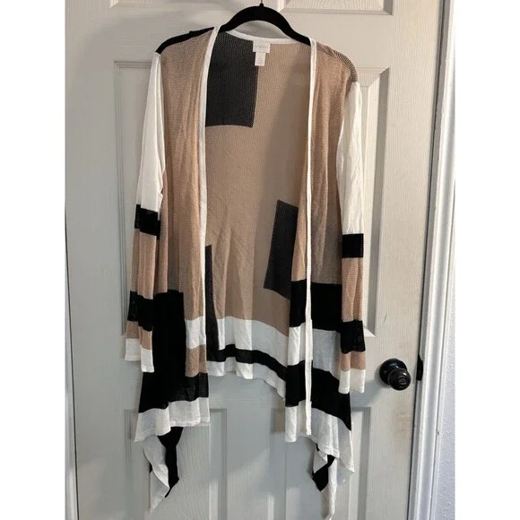 Chicos Travelers Collection Cardigan Black White Chevron Mesh Open Front Size 2 - Picture 1 of 9